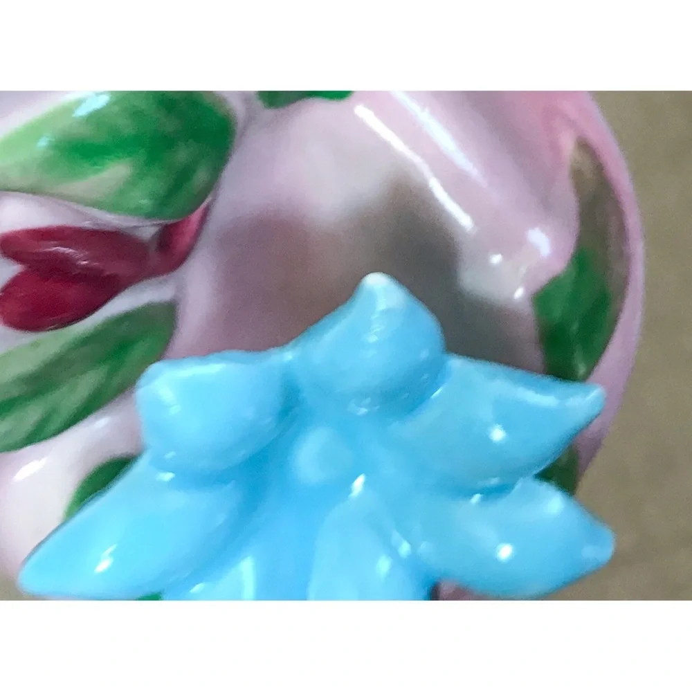 Vintage OPCO Pottery Pink Vase w Blue Applied Flower Granny Cottage Core Romance